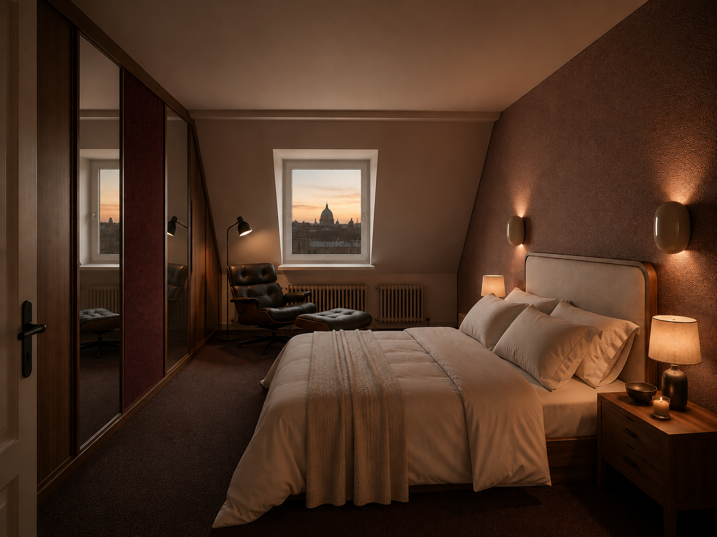 Bedroom render · oxblood fabric wall, ivory linen, mirror placard, A27