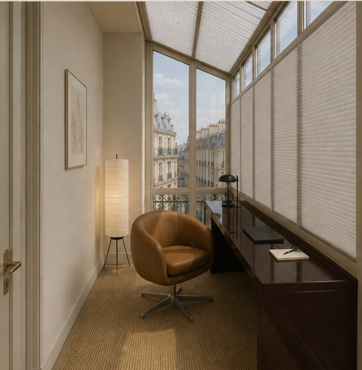 Verrière with M5079 light linen-grey Japanese honeycomb blinds