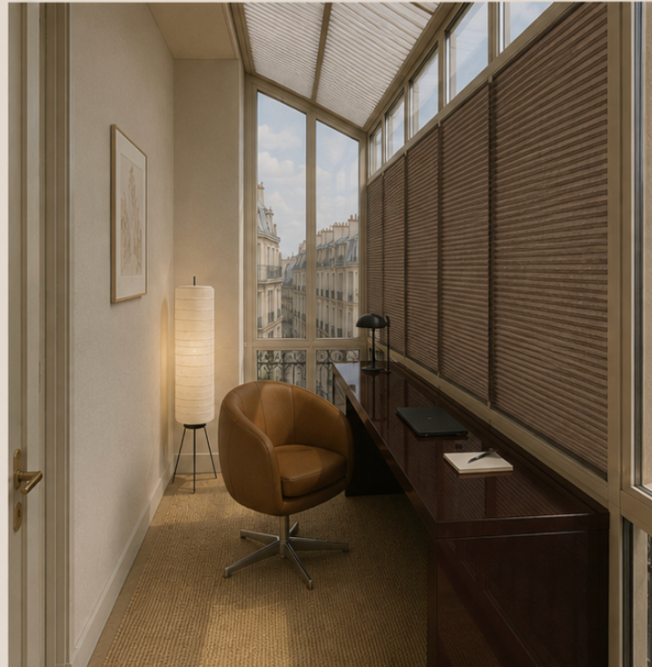 Verrière with M5082 deep-taupe Japanese honeycomb blinds